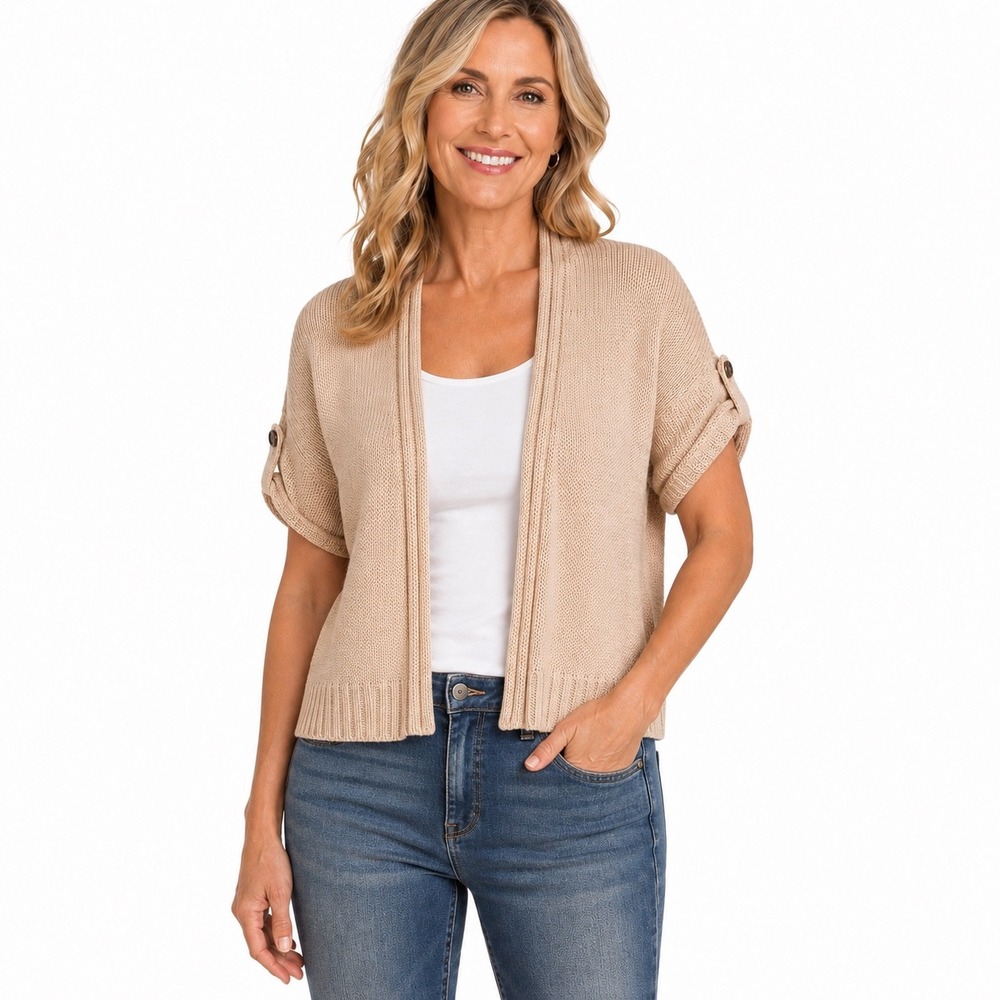 Eddie Bauer fits M/L Tan Linen Blend Open Front Roll Tab Short Sleeve Cardigan
